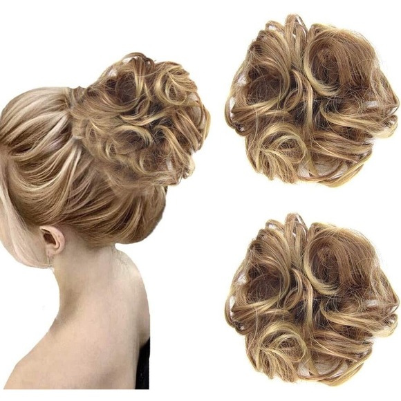 2 PCS Hair Bun Extensions Wavy Curly Messy Donut Chignons Brown & Golden Blonde - Picture 1 of 5